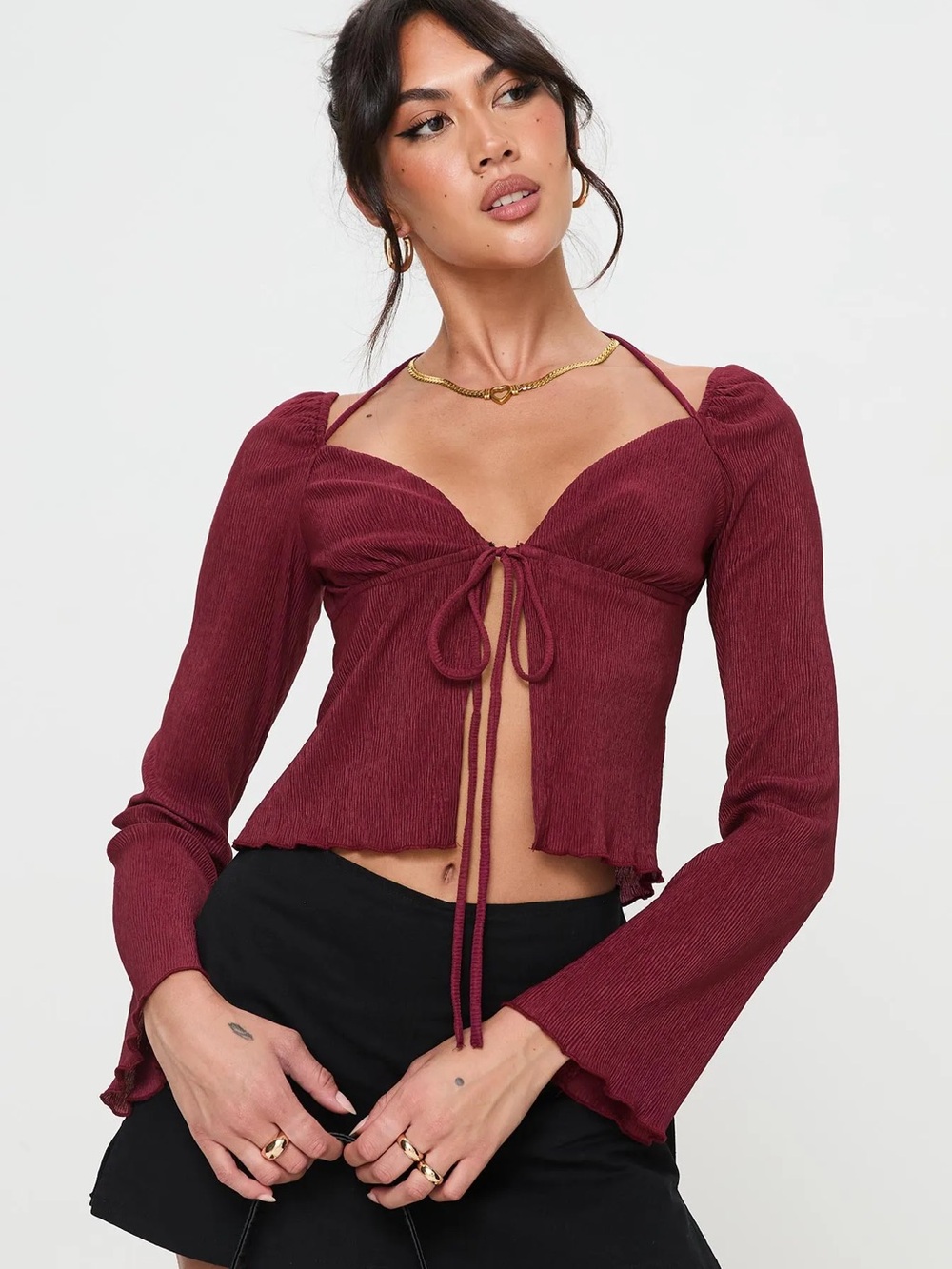 Princess Polly Burgundy Chantria Tie-Front Long Sleeve Crop Top